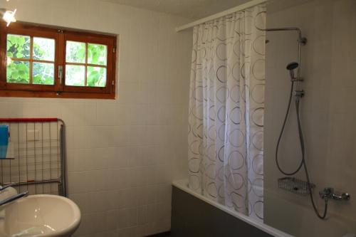 a bathroom with a shower curtain and a sink at Chalet Antoine 5p in Moleson