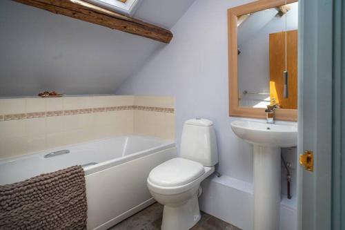 a bathroom with a toilet and a sink and a tub at Converted Granary on a rural small holding in Cross Inn