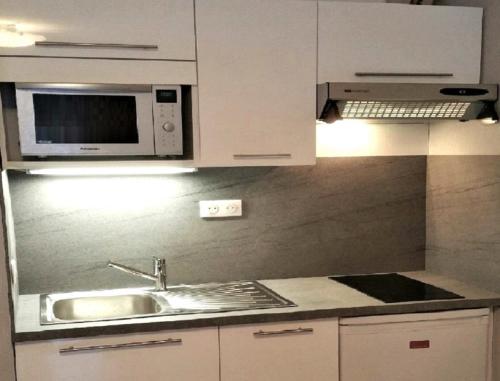 a kitchen with a sink and a microwave at Charmant T2, hypercentre, calme, terrasse, parking in Luchon