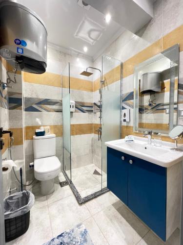 La salle de bains est pourvue de toilettes, d'un lavabo et d'une douche. dans l'établissement Studio House 589-5, à Ville du 6 Octobre