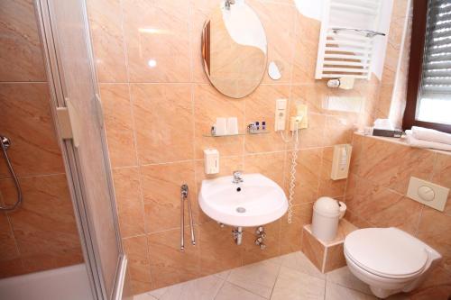 W łazience znajduje się umywalka, toaleta i lustro. w obiekcie Hotel Geromont w mieście Andernach