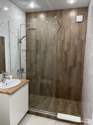 ein Bad mit einer Dusche und einem Waschbecken in der Unterkunft Apart Inn - Апарт Отель in Oral