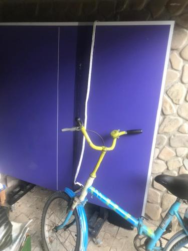 een blauwe fiets geparkeerd naast een paarse muur bij Cabana Trei Brazi Dambovita in Bezdead