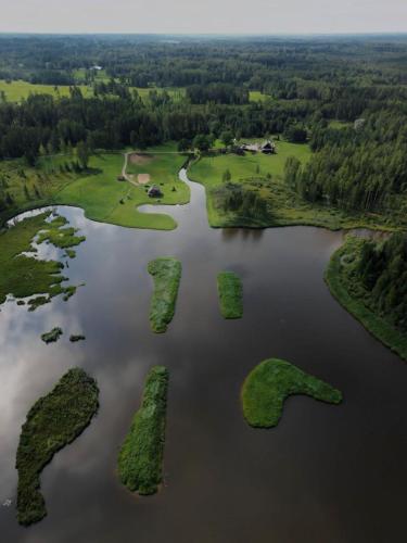 an aerial view of a group of islands in a lake at Atpūtas vieta Jaunkārkliņi in Karva