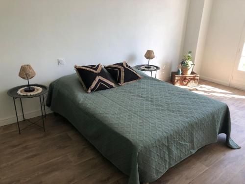 1 dormitorio con 1 cama verde y 2 mesitas de noche en Villa - Saint Cyprien en Théza