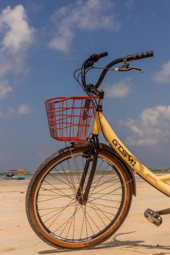 a bike with a basket parked on the beach at Ocacocar - Milagres in São Miguel dos Milagres