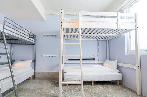a bedroom with two bunk beds and a ladder at Happy Taipei Hostel - Share House - Monthly in Taipei