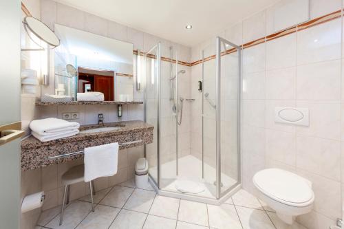 W łazience znajduje się prysznic, toaleta i umywalka. w obiekcie Parkhotel an der Therme w mieście Bad Krozingen