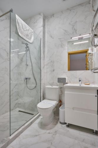 a bathroom with a shower and a toilet and a sink at Готель У Борисовича & SPA in Palyanytsya