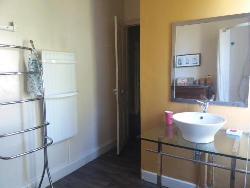 een badkamer met een wastafel en een spiegel bij Les Tilleuls in Peschadoires