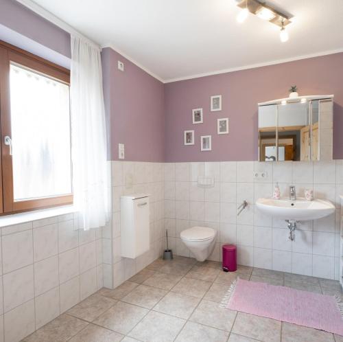a bathroom with a sink and a toilet and a mirror at 2 Bett Ferienwohnung Rose in Westerburg
