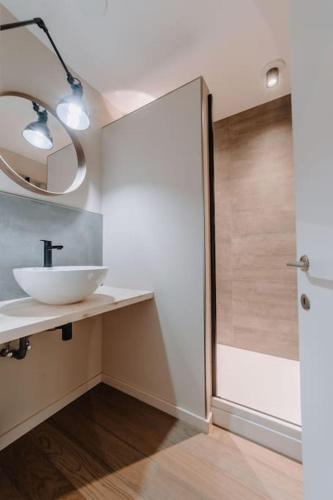 a bathroom with a sink and a mirror and a shower at Chimay : La Chambre Rouge de la Grand Place in Chimay