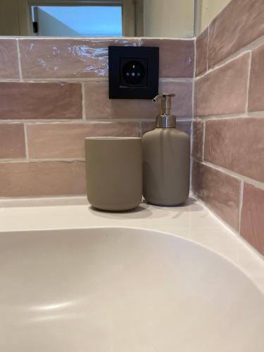 a soap dispenser sitting on top of a bathroom sink at Maison d’Arnaud in Ghent