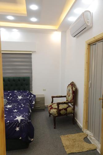 um quarto com uma cama, uma cadeira e uma ventoinha em Jerash City View em Gérasa