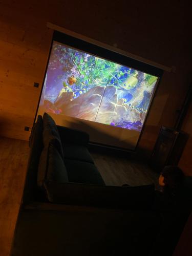 a person watching a large screen tv in a living room at Chalet deS'AMY et sa terrasse pour 8/10 personnes in Font Romeu Odeillo Via
