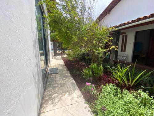 a side walk next to a house with plants at Casa Beira Mar Itamaracá in Itamaracá