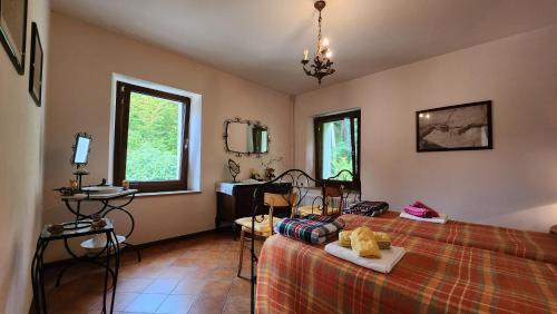 a bedroom with a bed and a table and windows at Casolare Nanis in Travesio