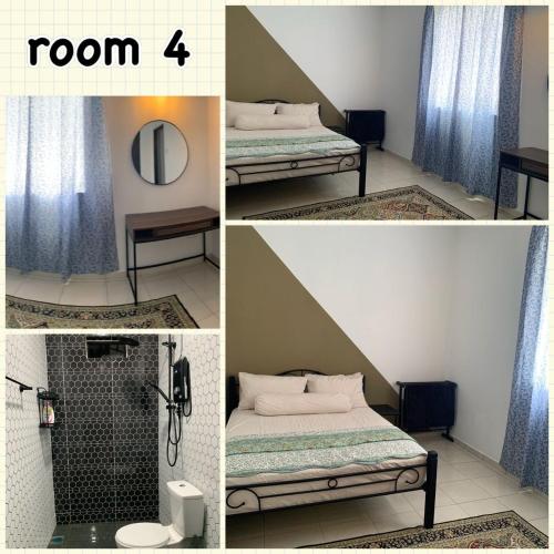 four pictures of a room with a bed and a shower at rumahpantai.afr in Kuantan