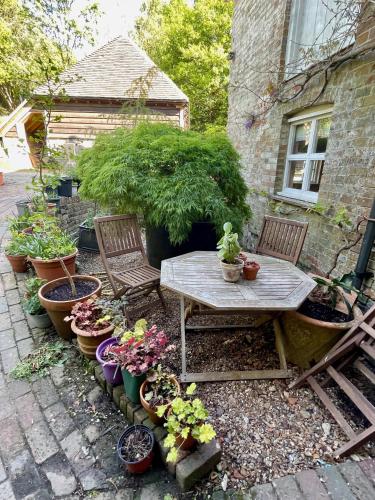 a patio with a table and chairs and potted plants at The Grannery in Wadhurst