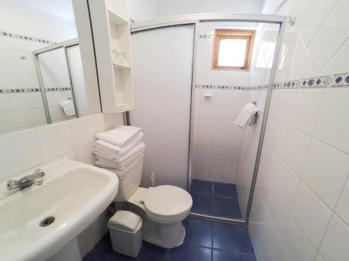 a bathroom with a toilet and a sink and a shower at Cabañas La Huayca - Caja Los Andes in Pica