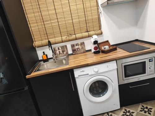 uma cozinha com uma máquina de lavar roupa e um lavatório em Apartamento Albariño 23 em Novelda