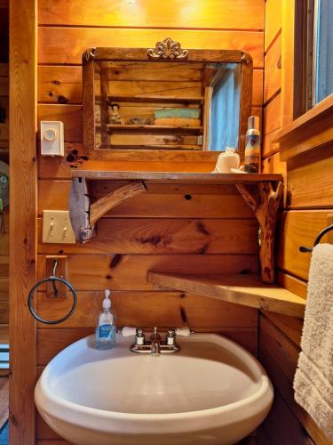 a bathroom with a sink and a mirror at Neshannock Creekside Log Cabin in Volant