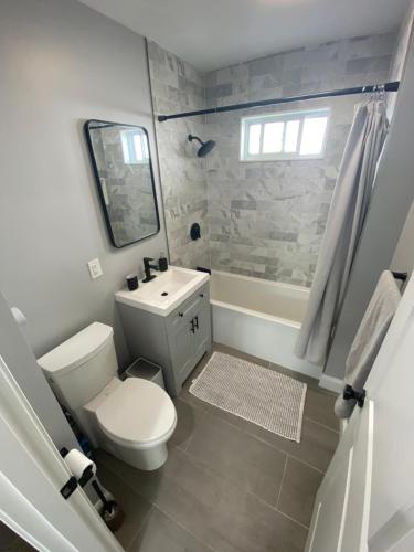 a bathroom with a toilet and a sink and a shower at Luxury 3 bdr apt with backyard and off-street parking in Watertown