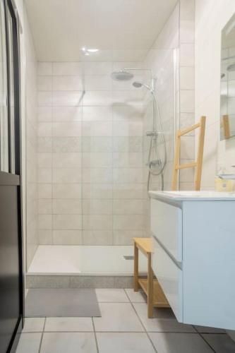 une salle de bain blanche avec une douche et un lavabo dans l'établissement Le Charme de la Verrière, à Thiers