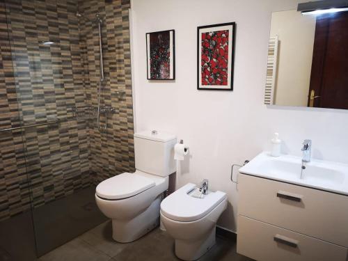 a bathroom with a toilet and a sink and a shower at Cal Boix Apartamento in Tremp