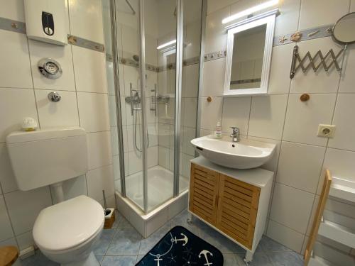 een badkamer met een toilet, een douche en een wastafel bij Strandkieker in Schönberger Strand