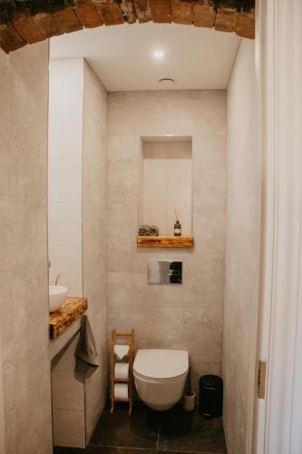 a bathroom with a white toilet and a sink at Vītola apartamenti in Kuldīga