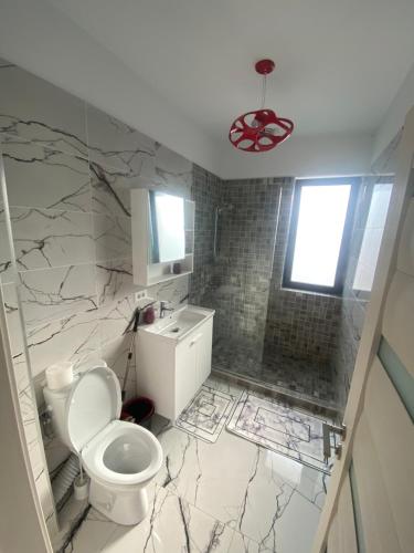 baño con aseo blanco y paredes de mármol en Dari guesthouse, en Râmnicu Vâlcea