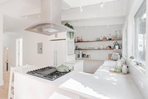 een witte keuken met een kookplaat bij Charming Victorian Oasis with an Elegant and Spacious Haven in San Francisco