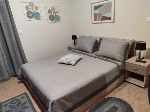 1 dormitorio con cama con almohada en Όμορφο διαμέρισμα σε μονοκατοικία στη Λεπτοκαρυα., en Leptokarya