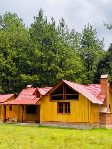 una casa in legno con tetto rosso di Cabaña de nube a Llano Grande