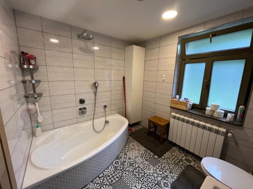 a bathroom with a tub and a window at Chata Vojtkoland 