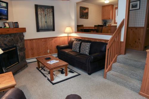 uma sala de estar com um sofá e uma lareira em Sunnyside Knoll- 8 cabin em Estes Park