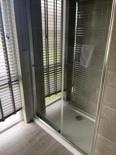 a shower with a glass door in a bathroom at Glasshouse lodge 