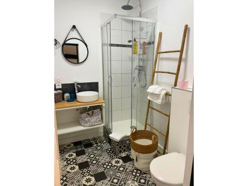 La salle de bains est pourvue d'une douche et de toilettes. dans l'établissement Appartement cosy et moderne Rodilhan, à Rodilhan