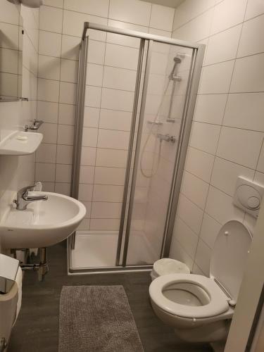 ein Bad mit einer Dusche, einem WC und einem Waschbecken in der Unterkunft La Gondola in Niederneukirchen