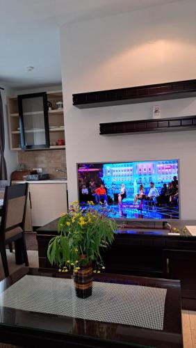 a living room with a television and a table with flowers at Kamena Kuca Lux Apartment in Kopaonik