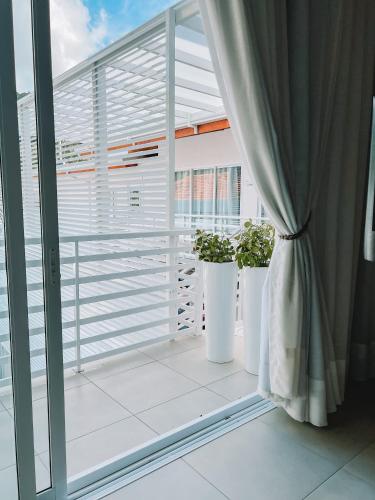 two plants in white pots sitting on a window sill at Casa Cancun Hotel Boutique & Eventos in Penha