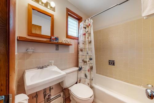 a bathroom with a sink and a toilet and a bath tub at King Birch Lake Home, Unit 6 in Alton