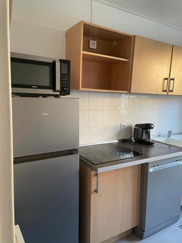 une cuisine avec un réfrigérateur et un micro-ondes dans l'établissement 50 m2 T2 au calme, lumineux, confortable, cosy, climatisé, privatif avec parking gratuit et terrasse, à Toulouse
