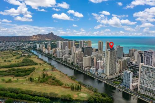 an aerial view of a city with a red marker on it at Island Colony 3519 - 30 night minimum in Honolulu