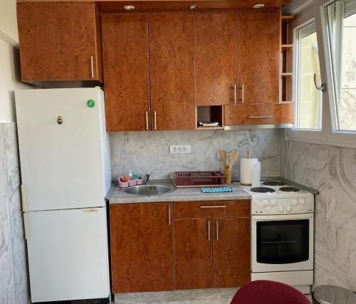a kitchen with a white refrigerator and a sink at Apartment Riverside in Novi Beograd