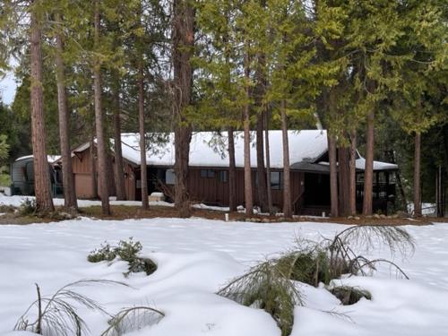 a house with a snow covered roof in front of trees at Ponderosa Creekside Retreat in Mariposa