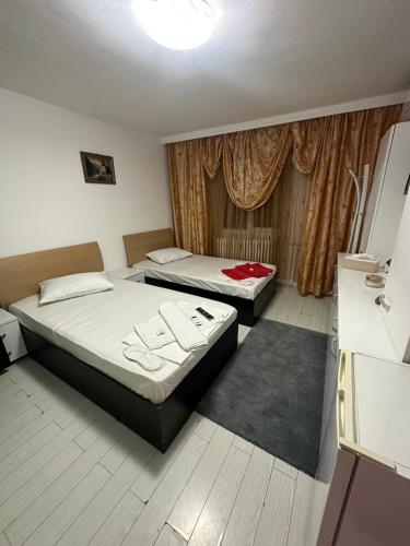 - une chambre avec 2 lits et une fenêtre dans l'établissement Casa Alpin Videle, à Videle