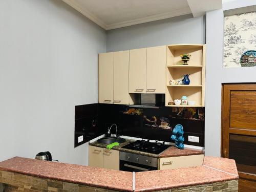 a kitchen with white cabinets and a stove top oven at Jeji's apartment in Tbilisi City