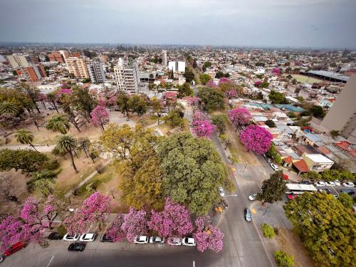 an aerial view of a city with trees and pink flowers at Departamento Moderno ,Torre Blue, Barrio Sur Tucumán in San Miguel de Tucumán